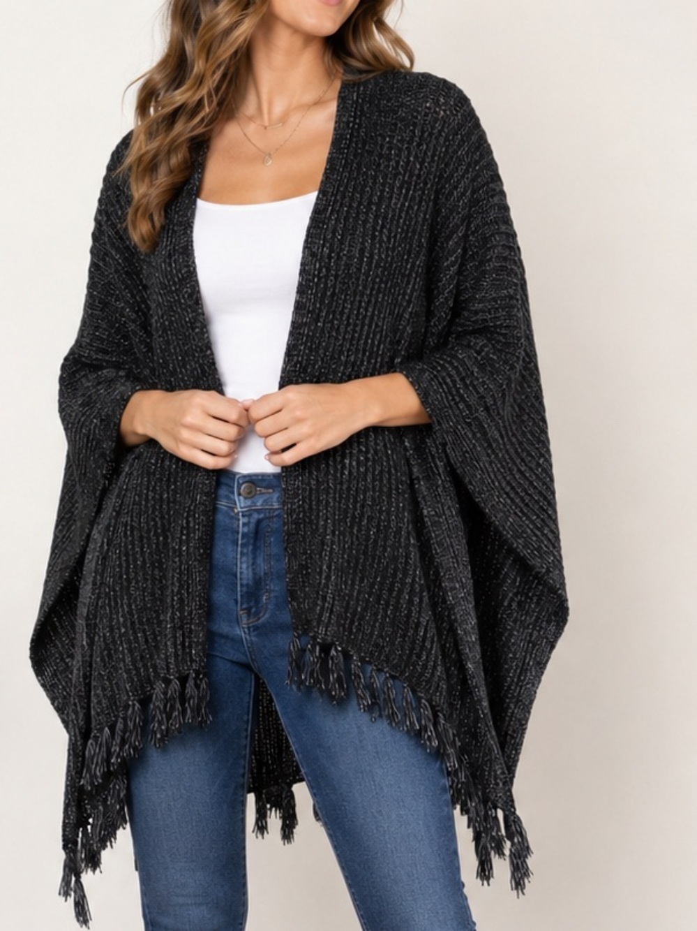 American Eagle Knit Fringe Poncho Cardigan One Size